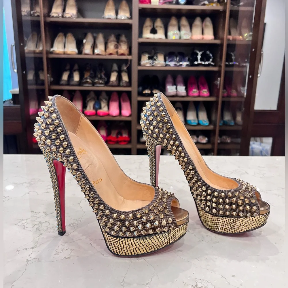Rare Christian Louboutin Lady Peep Spikes Hematite/Bronze Strass 37.5 - Picture 3 of 15